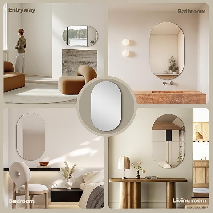 40" x 24" Frameless Mirror Wall Mirror, Modern Oval Bathroom Mirror with Polished Edge, Hang Horizontally or Vertically, for Bedroom Bathroom Livingroom Gym Entryway and More