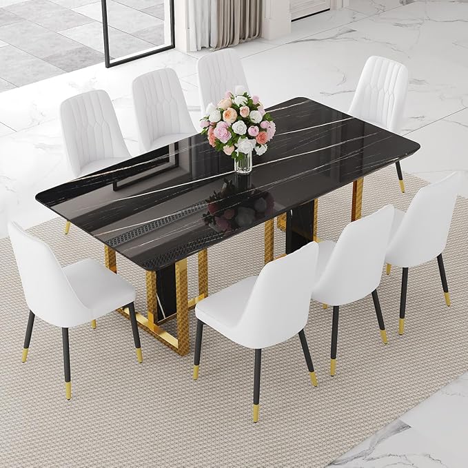 TesNus 79" Black Dining Table Set for 8 with Chairs,Large Faux Marble Kitchen Table and Chairs Set Rectangular 9 Piece Dining Room Set with Gold Metal Legs,Easy Assemble,Stable Base