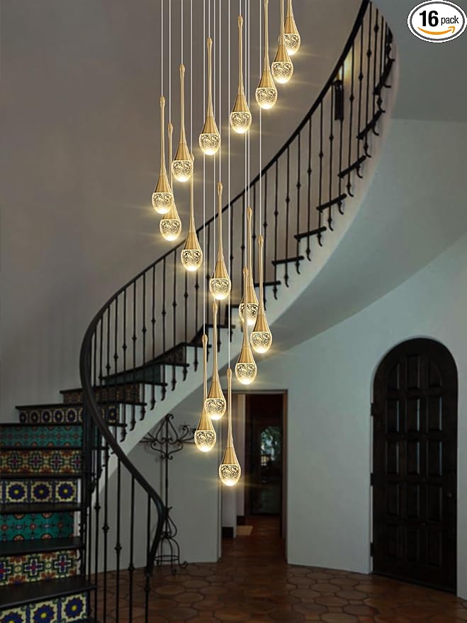 120'' Long Spiral Crystal Chandeliers 16-Lights Gold Bubble Raindrop Crystal Pendant Chandelier Staircase Slanted Ceiling Loft Fixtures LED Dimmable 2700-6000K