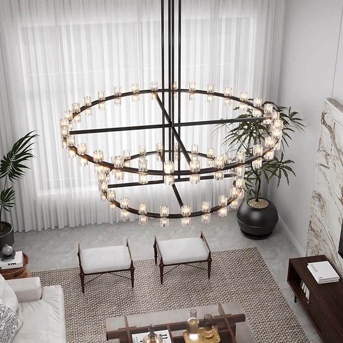 D48''+D60'' Large Black Wagon Wheel Chandeliers Black Round Chandelier Glass Chandeliers for Dining Room,Living Room Vintage Chandelier