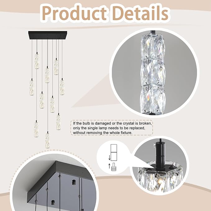 10-Light Modern LED Pendant Lighting Fixture for Kitchen Island Raindrop Crystal Chandelier Black Chandelier for Dining Room High Ceiling Chandelier for Staircase Foyer Hallway Villa
