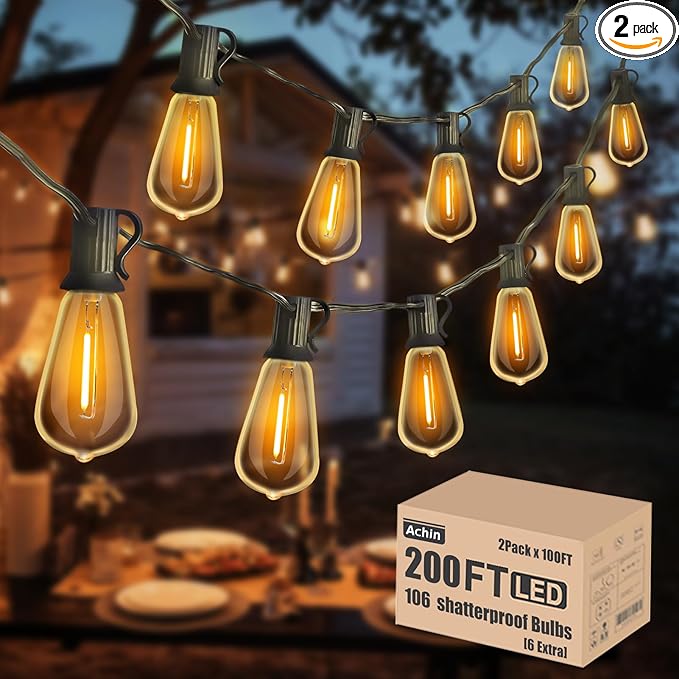 Achin Outdoor String Lights 200FT Vintage Edison String Lights with 104 Shatterproof ST38 Bulbs LED Dimmable Warm 2200K Plastic Patio Lights Outdoor Waterproof for Yard Gazebo Market Bistro Lights