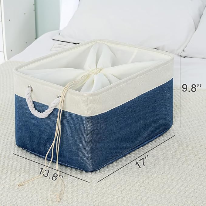 TheWarmHome Organization and Storage Basket for Organizing - X Large 3 Pack 17.7L×13.8W×9.8H in Collapsible Storage Bin for Shelves, Basket for Gifts Empty Toys Organizer Gift (White & Jean Blus)