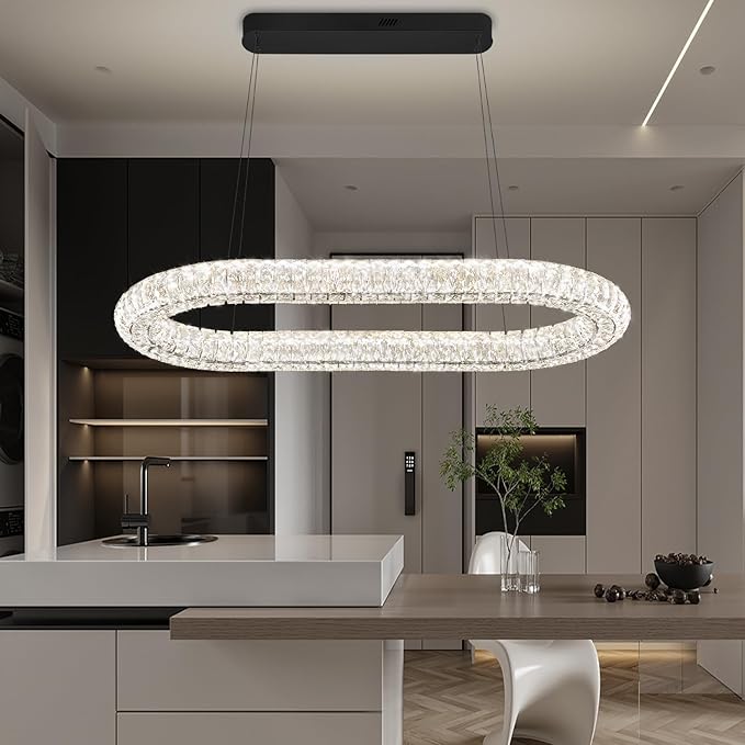Oval Crystal Chandelier, 40'' Black Crystal Ring Pendant Light for Kitchen Island Modern Linear Oval Chandeliers for Dining Room Dimmable 3000K-6000K