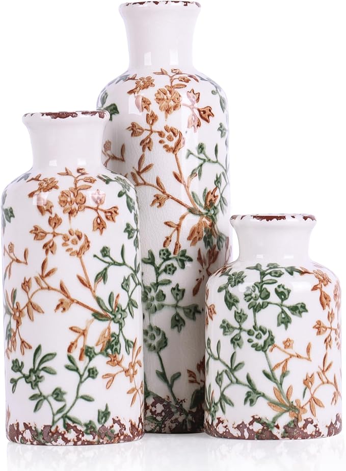 Farmhouse Vase for Home Decor, Ceramic vase Set of 3. Vintage Flower Vase Suitable for Home Decor, Living Room, Shelf Decor, Dining Table Decor (Green and Orange)