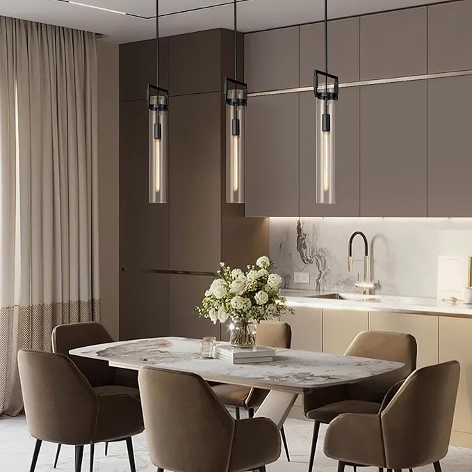 Modern Large Black Pendant Light Fixture Set of 3-21.6 Inch Adjustable Hanging Chandelier with Glass Shade & Brass Finish, Large Farmhouse Island Lighting for Kitchen, Dining Room, Bathroom