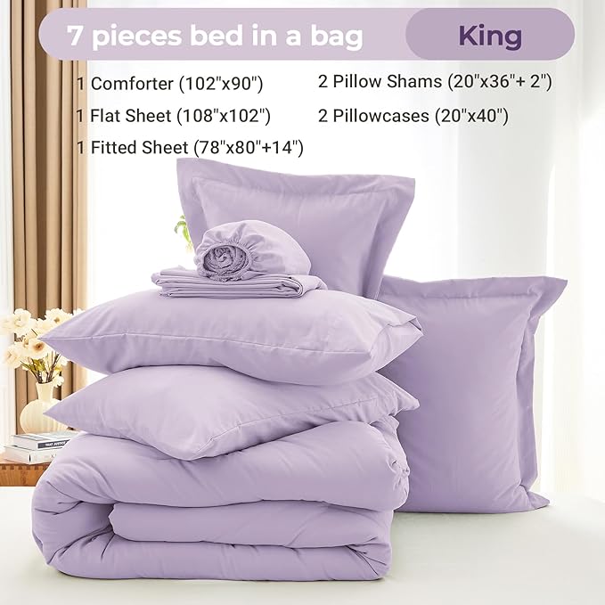 MUXHOMO 7 Pieces King Comforter Set, Soft Bed in a Bag King Size, All Season Bedding Set with Comforter, Flat Sheet, Fitted Sheet, Pillowcases & Shams, Lavender