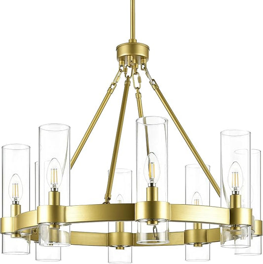 Linea di Liara Teramo Gold Chandelier Dining Room Light Fixture Small Wagon Wheel Chandelier Round Industrial Modern Farmhouse Chandeliers for Dining Room Foyer, Clear Glass, UL Listed