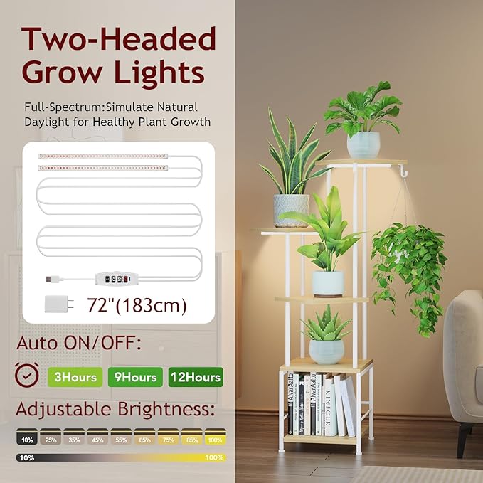 Plant Stand Indoor with Grow Light, 6-Tiered Tall Plant Stand Indoor, Metal Plant Shelf with Hanging Basket Hook and Adjustable Light, Ideal for Living Room, Garden, Patio, （Maple）