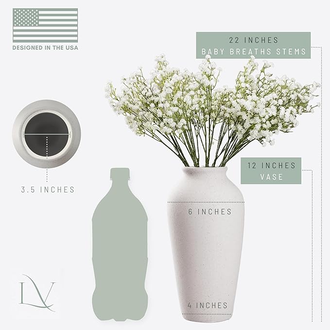 Laurel&Vine 12" Tall White Ceramic Vase, Speckled Textured Minimalist, with 15 Stems of 22" Faux Artificial White Babys Breath, Farmhouse Console Centerpiece Decor, Real Touch Fake Flowers in Vase