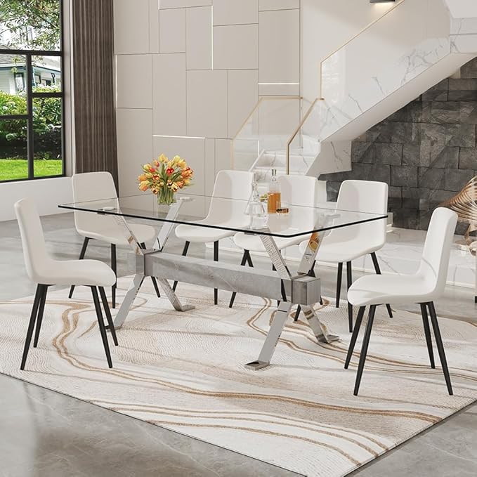 71'' Glass Dining Table Set for 6,7 Piece Dining Table Set with Tempered Glass Tabletop and Open‑Frame X‑Shaped Metal Base,Kitchen Table and Chairs Ideal for Dining Room&Home Office