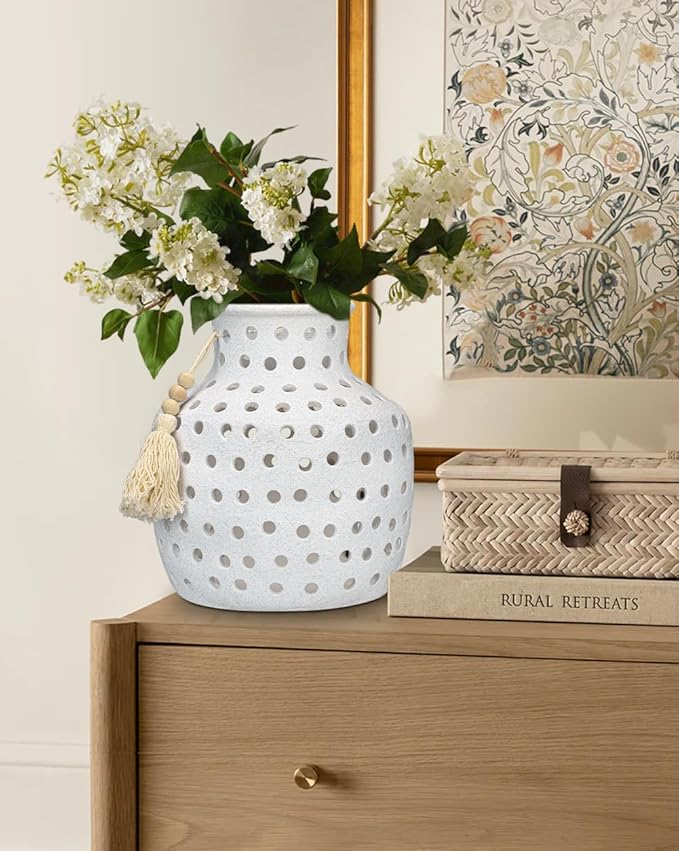 Ceramic Flower Vase Home Decor - 10 Inch Rustic Hollow White Pottery Vase Modern Farmhouse Vintage for Centerpieces House Living Room Dining Table Shelf Mantel Decoration