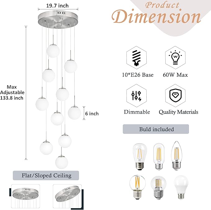 KoKo&Yukina 10 Light Globe Pendant Light Adjustable Hanging Light Staircase Chandelier Milk Glass Pendant Lights with Milky White Glass Shade Globe Lights for Staircase