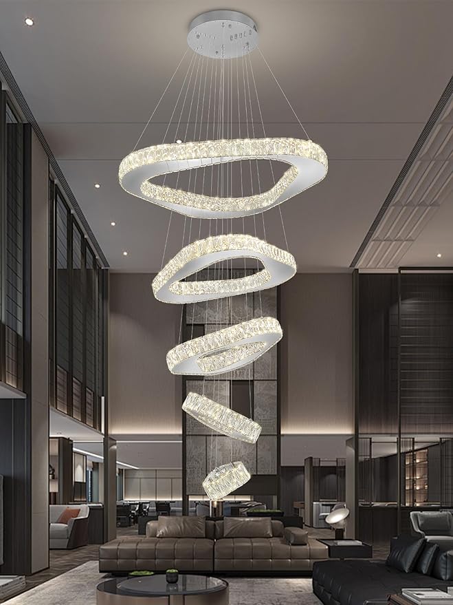 Large Modern Chandelier 5 Ring Chandeliers for High Ceiling Dimmable Chrom Chandeliers High Ceiling Foyer Chandelier for Living Room Dining Room Staircase