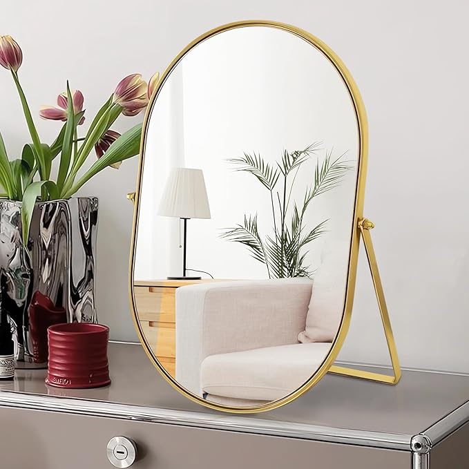 Vanity Desk Table Mirror Oval Makeup Mirror 90°Adjustable Rotation Golden Metal Framed Standing Mirrors Room Decor for Living Room,Bedroom,Tabletop,Bathroom
