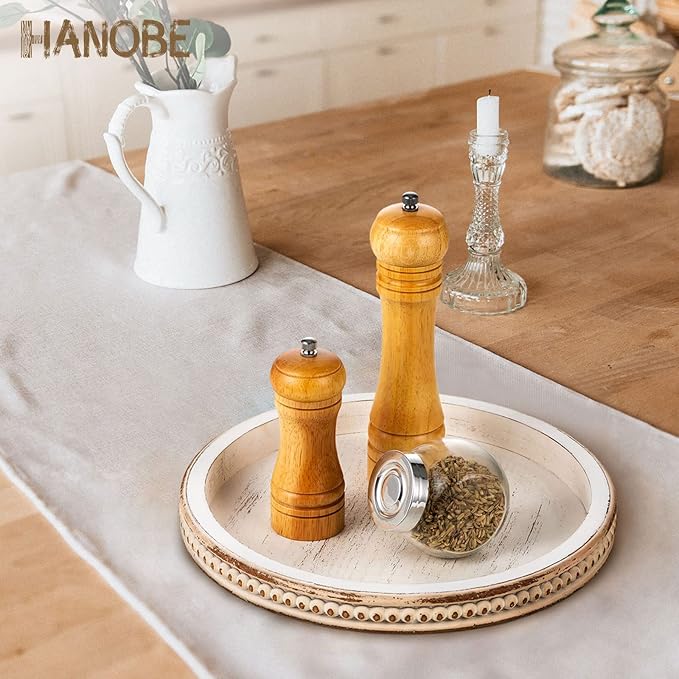 Hanobe Decorative Serving Tray Wood: White Washed Bead Round Tray Decor for Coffee Table Rustic Wooden Trays Farmhouse Centerpiece for Living Room Kitchen Counter