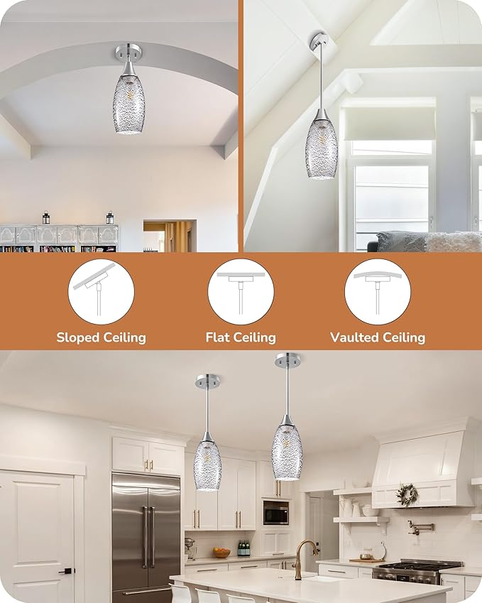 EDISHINE Pendant Light Fixture, Handcrafted Art Glass Hanging Light, Hardwired Ceiling Light with Grey Seed Glass Shade, Adjustable Brushed Nickel Rods, E26 Base, Pendant Lamp for Kitchen Bathroom Bar