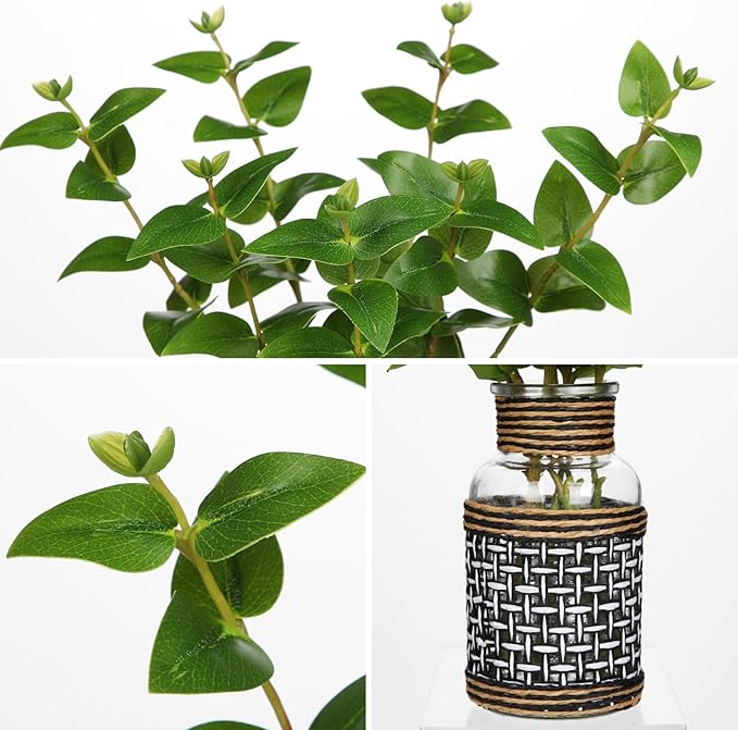 Artificial Eucalyptus Stems in Glass Vase with Faux Water, 14” Realistic Eucalyptus Leaves Fake Plant Branch Greenery Decoration for Home Farmhouse Bathroom Kitchen Wedding Centerpiece Table Décor