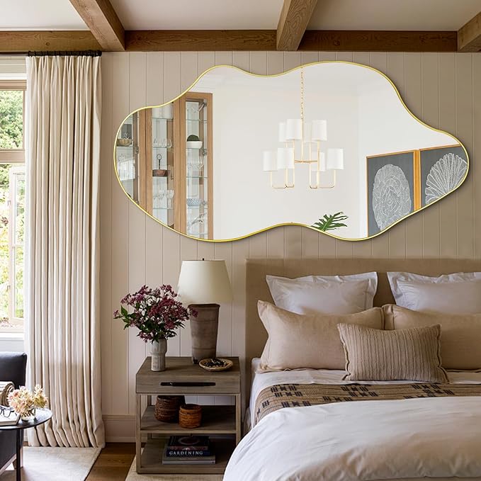Irregular Mirror Full Length, Large Asymmetrical Wall Mirror, 59"x30" Gold Wavy Shaped Mirrors, Modern Frameless Decorative Mirrors for Dressing Living Room Bedroom Hallway Entryway