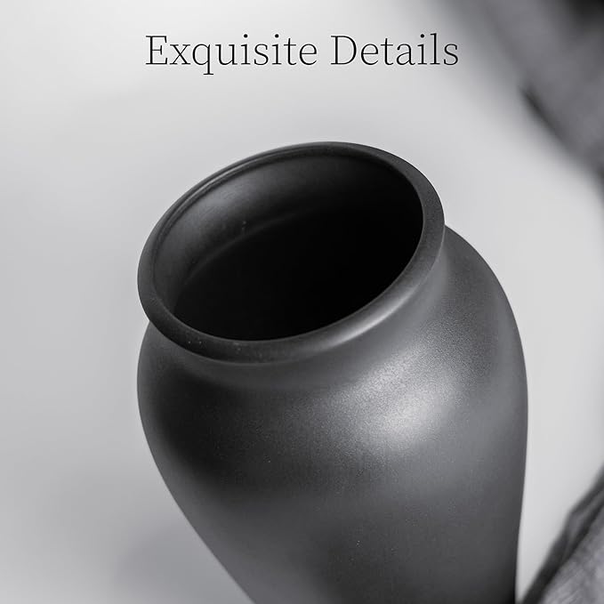 Ceramic Black Vase Home Decor, 9 Inch Wide Mouth Pottery Vase, Vintage Farmhouse Boho Neutral Terracotta Rustic Decor for Living Room, Entryway, Floor, Mantel Decoration