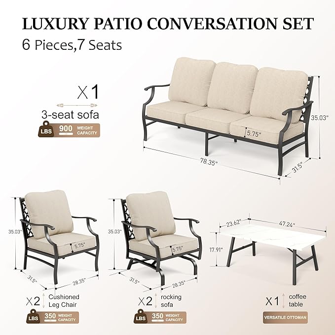 HERA'S HOUSE 6 Piece Patio Furniture Set, 2 x Rocking Chair, 2 x Fixed Chair, 1 x 3-Seat Sofa with Marbling Coffee Table, All Cushioned 7 Seats Outdoor Conversation Set for Lawn Garden Backyard