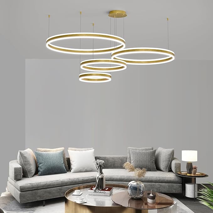 Modern LED Chandelier Light, 4 Ring Gold Pendant Lighting Fixture, Adjustable Hanging Ceiling Lamp for Dining Room, Kitchen Island, Entryway, Living Room, Dimmable Dining Lights Over Table