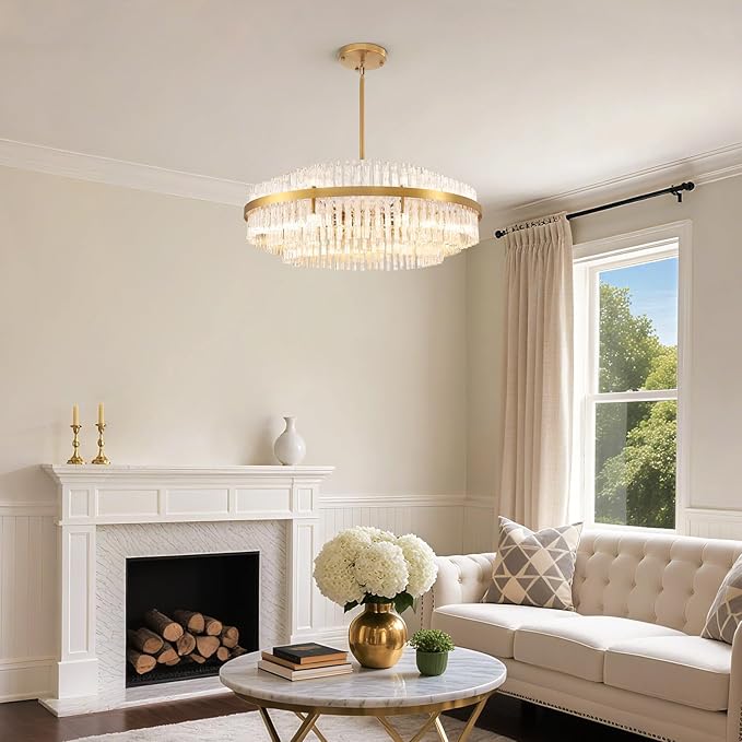 Siljoy Modern Crystal Chandelier, 39.4'' Luxury Gold Round 3-Tiers Raindrop Chandelier, Large Farmhouse Crystal Pendant Ceiling Light Fixture for Dining Living Room Kitchen Island Foyer, G9 x 24