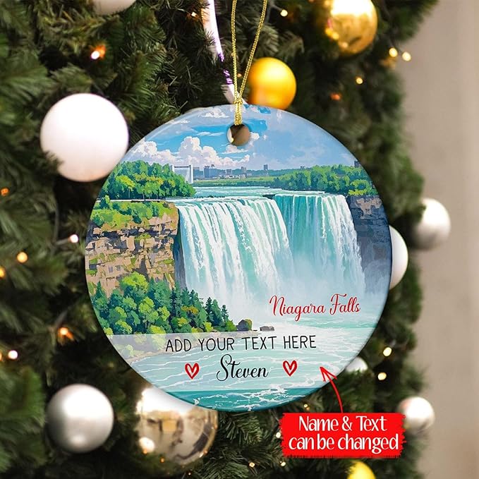 Personalized Niagara Falls Ceramic Christmas Tree Decorations Ornament 2025, USA Canada City Travel Souvenir Xmas Ornaments, Customized Text/Name Niagara Falls New York Ornament Gifts for Men Women
