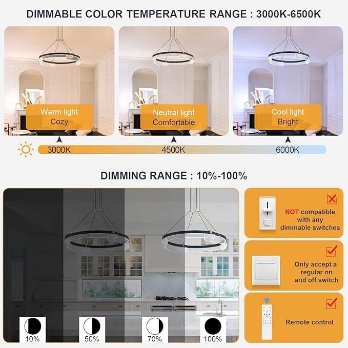 Modern LED Pendant Light Dimmable Black LED Chandelier for Dining Room Pendant Light Fixture Over Table Modern Chandelier Kitchen Island Living Room Entryway, 24 inch 3000K-6500K