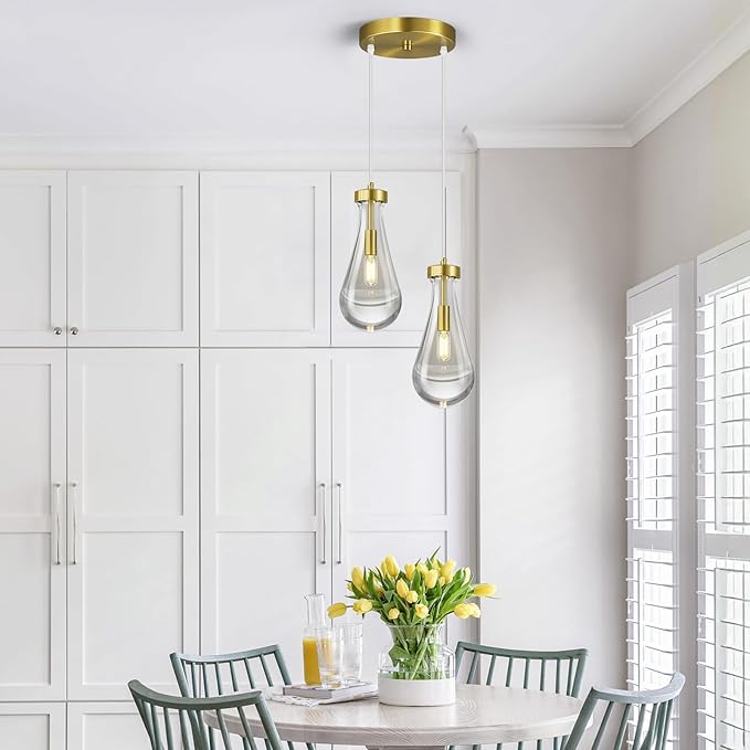 Raindrop Pendant Lights Kitchen Island Teardrop Gold Hanging Light Fixtures Clear Solid Glass Pendant Light Modern Chandeliers for Dining Room Porch Corridor Living Room(2-Light)