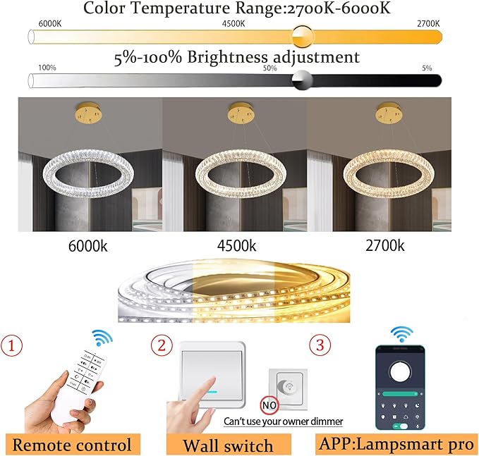 Modern Crystal Chandelier Dimmable LED 23.6" Ring Pendant Light Adjustable Round Gold Crystal Chandelier Light Fixtures for Dining Room Living Room