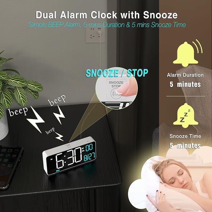 KOSUMOSU Digital Alarm Clock for Bedroom,6.7in Small Digital Clock,Auto Dimming,Date,Day of Week,Seconds or Indoor Temp,LED Alarm Clocks for Living Room,White Desk Clocks for Bedrooms