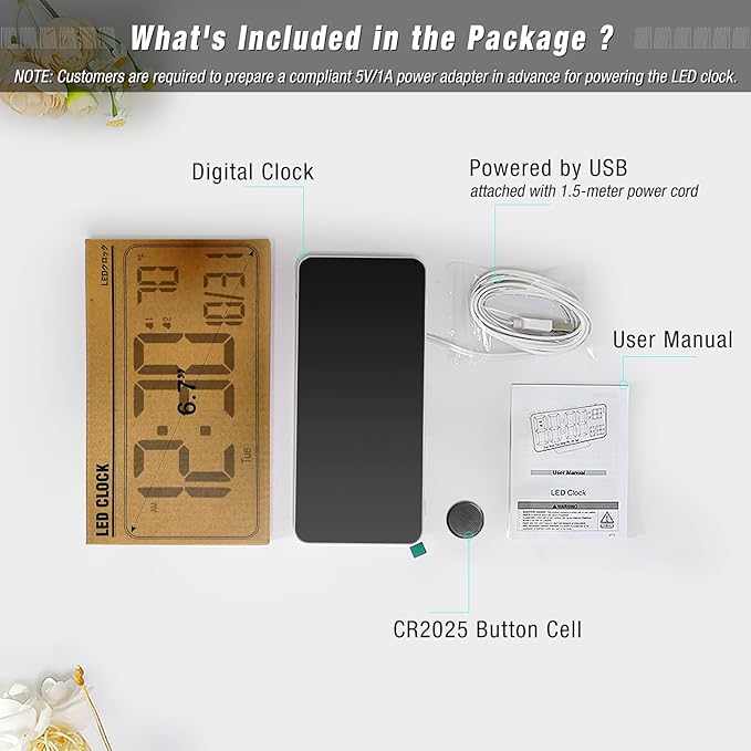 KOSUMOSU Digital Alarm Clock for Bedroom,6.7in Small Digital Clock,Auto Dimming,Date,Day of Week,Seconds or Indoor Temp,LED Alarm Clocks for Living Room,White Desk Clocks for Bedrooms