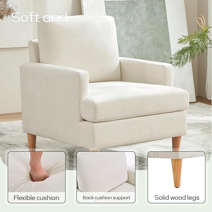 VKNOW Mid-Century Accent Chairs Set of 4, Modern Upholstered Chenille Armchair for Living Room,Comfy Reading Accent Chairs with Wood Legs for Bedroom, Beige
