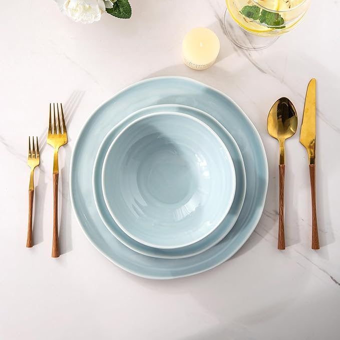 LERATIO Ceramic Dinnerware Sets for 4,Porcelain Plates and Bowls Sets with Wavy Edge,Microwave & Dishwasher & Oven Safe,Light Weight & Scratch Resistant Dishes Sets-Service for 4 (12pcs)-Light Blue