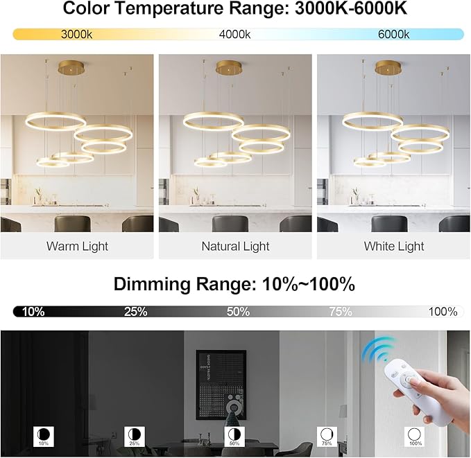 Modern Gold Chandelier Ring LED Dimmable Pendant Light Ceiling Light Fixtures 5 Rings Circle Geometric Chandeliers for Dining Room Living Room Entryway Bedroom Hallway Foyer