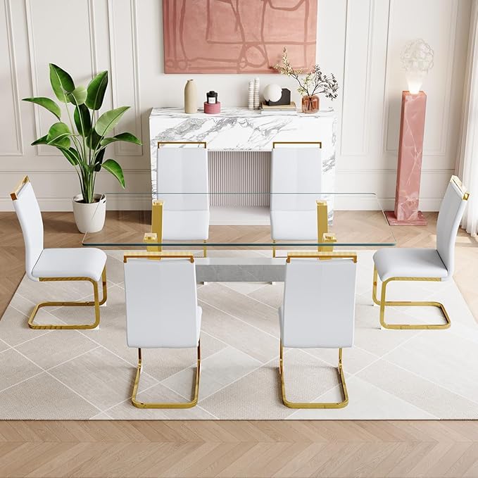 7 Piece Glass Dining Table Set, Kitchen Table Chairs Set for 6, 71'' Dining Table with 0.4" Tempered Glass Tabletop with Plated Metal Legs and MDF Crossbar, 6 PU Chairs for Dining Room, Kitchen.