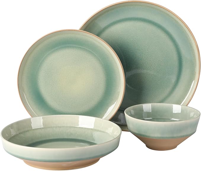 Gibson Elite Hailstone 16 Piece Stoneware Reactive Glaze (Service for 4) Ceramic Plates and Bowls Dinnerware Set - Tropical Green