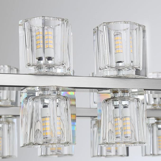 Silver Rectangular Crystal Chandelier Light Fixture 54 in Dining Room Chandelier Over Table Modern Farmhouse Ceiling Pendant Hanging Light Fixture for Living Room, Kitchen Island