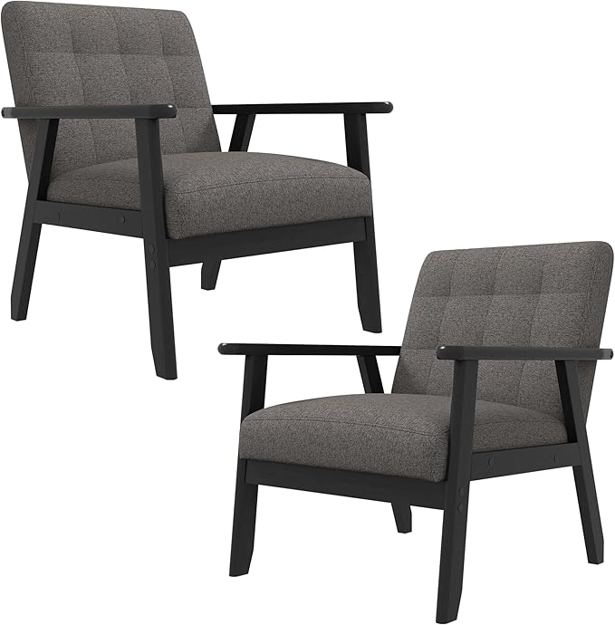 Westice Accent Chair Set of 2, Mid-Century Modern Living Room Chairs with Solid Wood Frame & Soft Thicken Cushion, Upholstered Arm Reading Chair for Bedroom, Balcony, Grey Linen Fabric & Black Legs