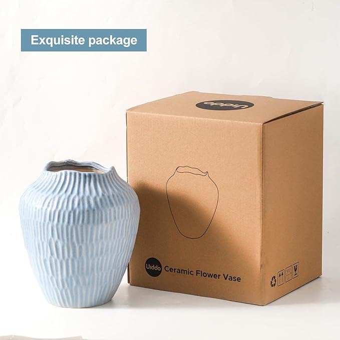 Ceramic Vase for Home Decor,7.8 Inch Flower Vases，Decorative Blue Vase for Pampas Grass，Modern Art Texture Vases for Home Entryway Living Room Dining Table Farmhouse Office Decor-Mat Blue