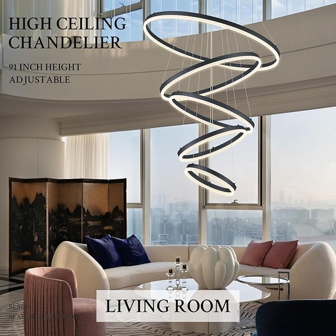 5-Rings D31.5’’ Modern LED Chandelier Black Dimmable High Ceiling Chandeliers Foyer with Remote Control for Entryway Living Room Dining Room Staircase, 3000K-6500K