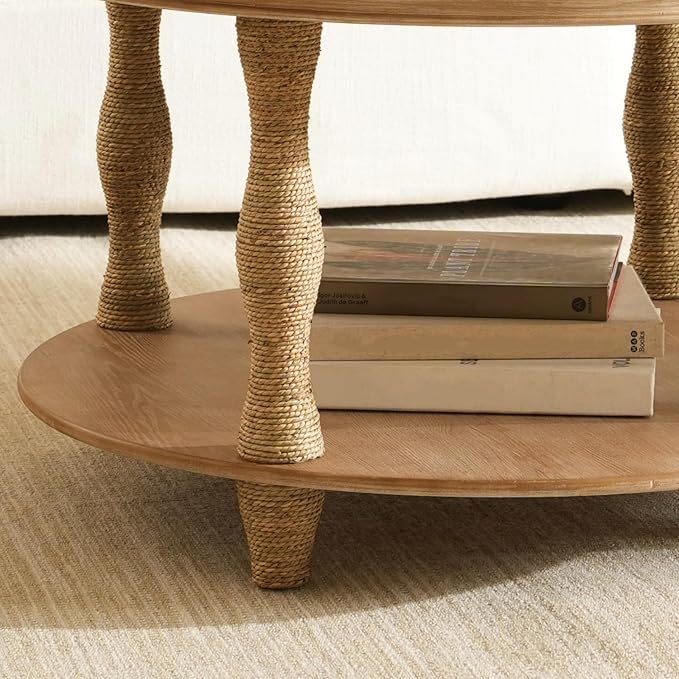 Round Coffee Table,2-Tier Coffee Table Storage,Rope-Wrapped Wood Legs,Rustic Farmhouse Accent Table for Living Room,Natural Wood Finish,Honey Brown,31.9"x15"