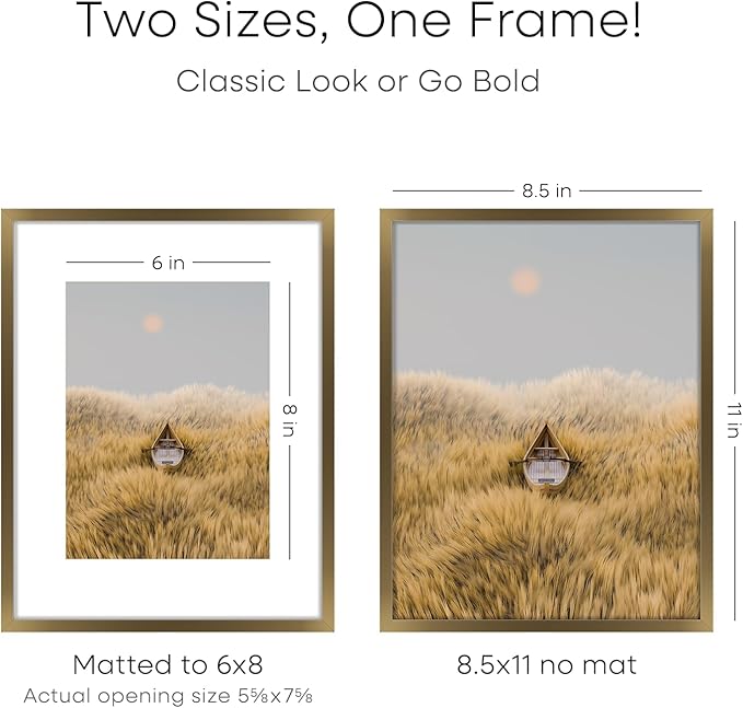Homeforia 8.5x11 Picture Frame Bronze, High End Metal Brass Frame 8.5 x 11 with Mat 6 by 8 Photo, 11x8.5 Frames Matted to 6x8 Print, 8.5by11 Wall or Tabletop Frames, Tempered Glass, Wall Kit, Set of 2