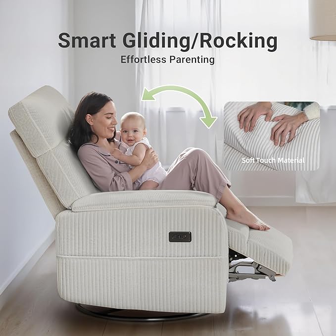 Overized Power Swivel Rocker Recliner Chair,Comfy Corduroy Sofa Reclining for Adults,Adjustable Rocker Reclining Sofa Lounge with USB&Type-C Ports,Side Pocket, for Living Room,White