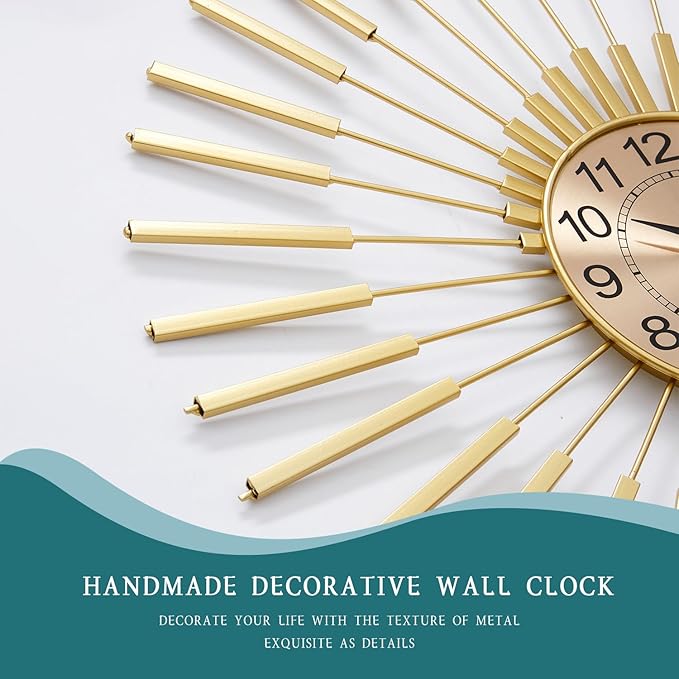 Wall Clock Large 23 Inch - Starburst Sunburst Round Gold, Modern Non-Ticking Battery Operated Silent Decorative Clock for Living Room Bedroom Kitchen Office