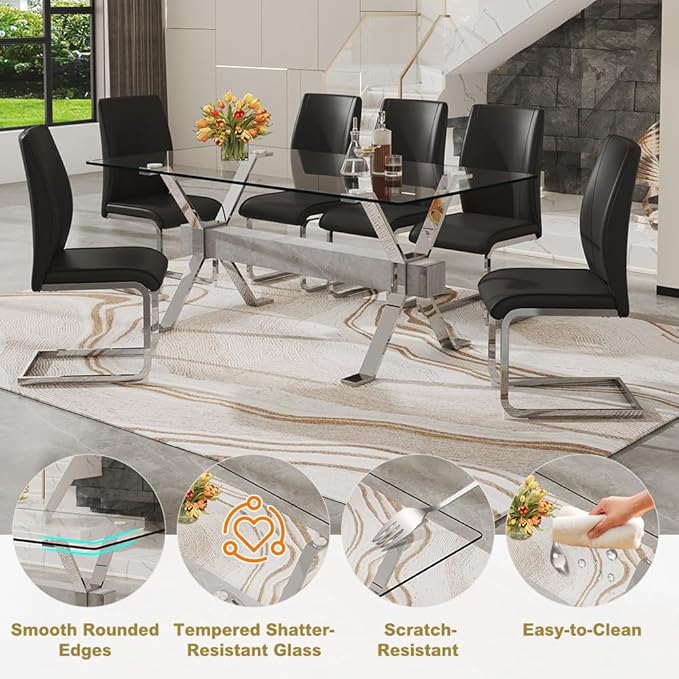 71'' Glass Dining Table Set for 6,7 Piece Dining Table Set with Tempered Glass Tabletop and Open‑Frame X‑Shaped Metal Base,Kitchen Table and Chairs Ideal for Dining Room&Home Office