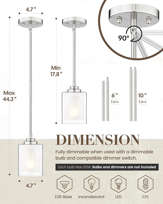 TENGXIN Modern Pendant Light,Brushed Nickel Modern Pendant Light for Kitchen Island,Hanging Ceiling Light Fixture,Farmhouse Pendant Lighting for Dining Room Bedroom Bar Office 2Pack,TXPLBN02-2PK