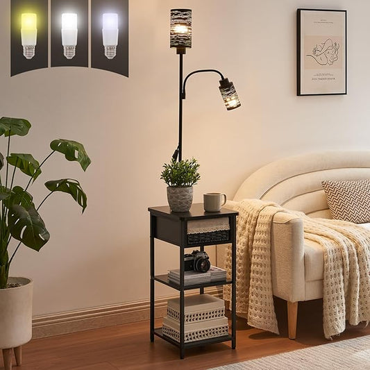 Floor Lamp with End Table, Side Table with Lamp Attached, Bedside Nightstand Light for Small Spaces with Wicker Drawer and Storage Shelf for Living Room, Bedroom, Guest Room, 2 Bulbs Included