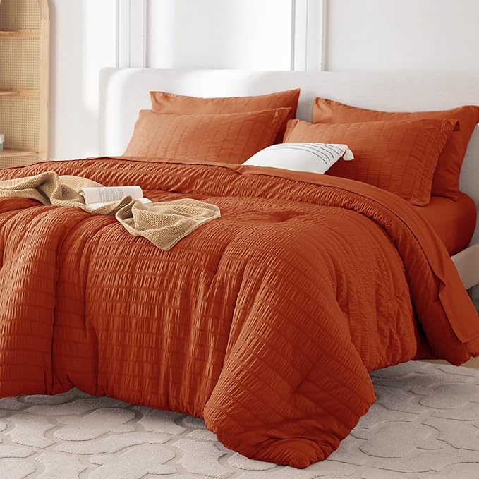 MUXHOMO 5 Pieces Twin Comforter Set, Seersucker Bed in a Bag Twin Size, All Season Luxury Bedding Set with Comforter, Flat Sheet, Fitted Sheet, Pillowcase & Sham, Burnt Orange